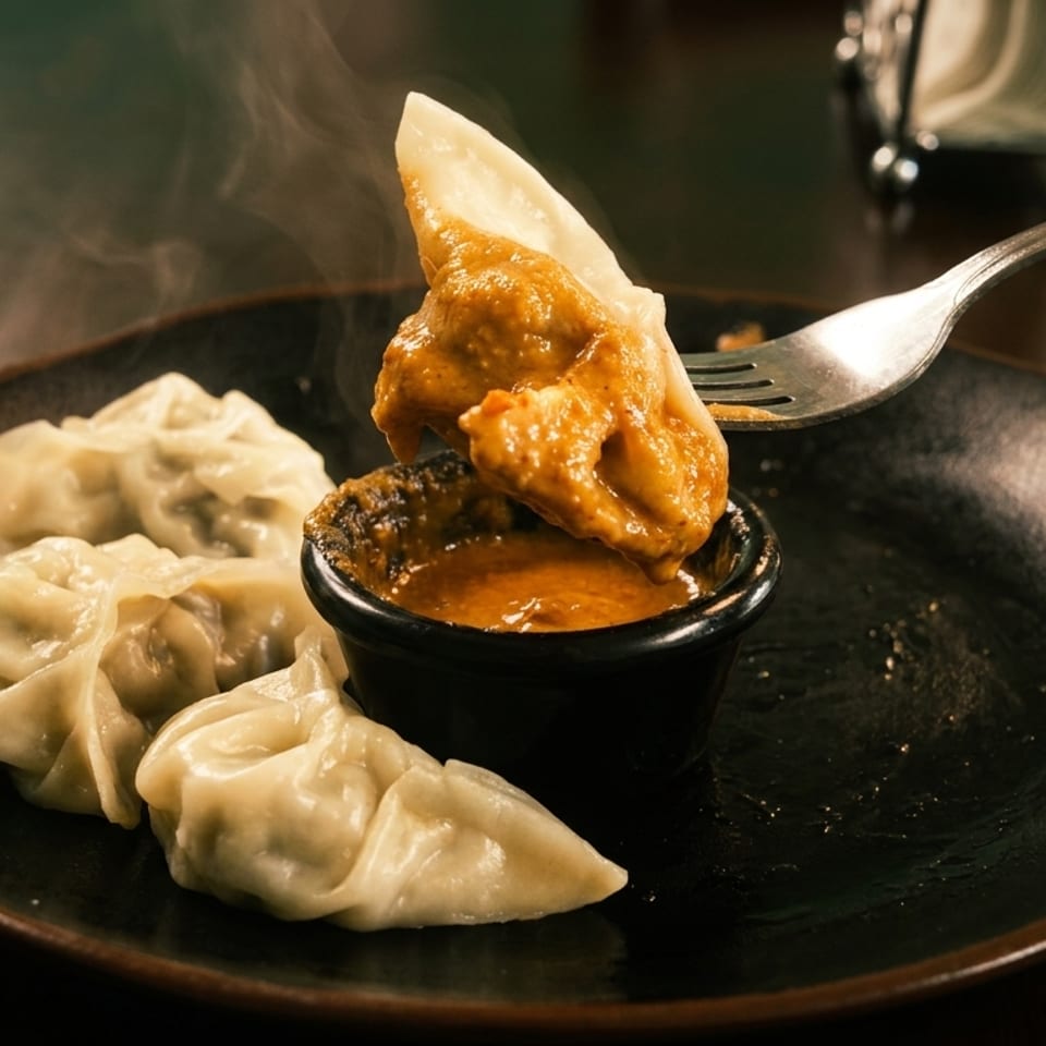 Steaming momos on a dark plate, one being dipped into a rich orange sauce with a fork.