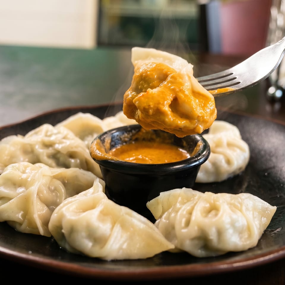 A fork lifts a steaming momo dumpling dipped in orange sauce from a black plate with more dumplings.