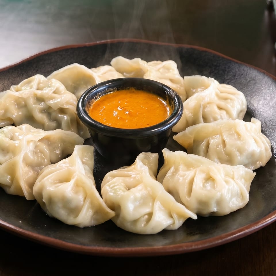 Steaming momos, a type of dumpling, arranged on a dark plate with a small bowl of orange sauce.