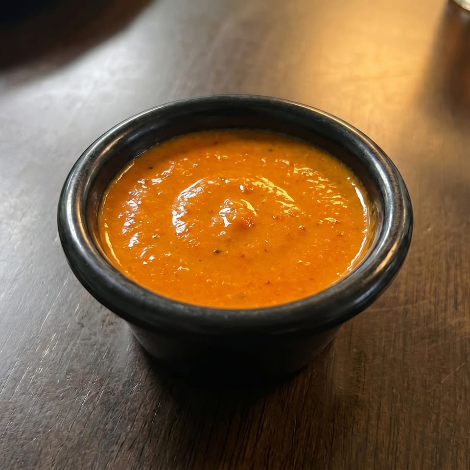 A small black ramekin filled with vibrant orange salsa, resting on a dark wooden table.
