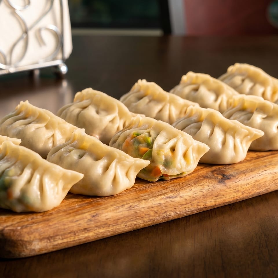 A row of steamed vegetable dumplings, with one showing its colorful filling, on a wooden board.