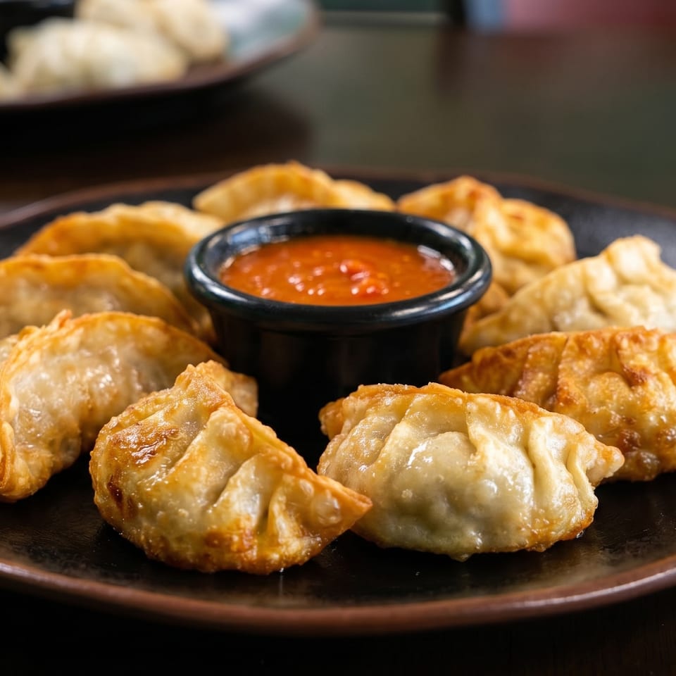 A plate of golden-brown fried dumplings, or momos, arranged around a small bowl of red chili sauce.