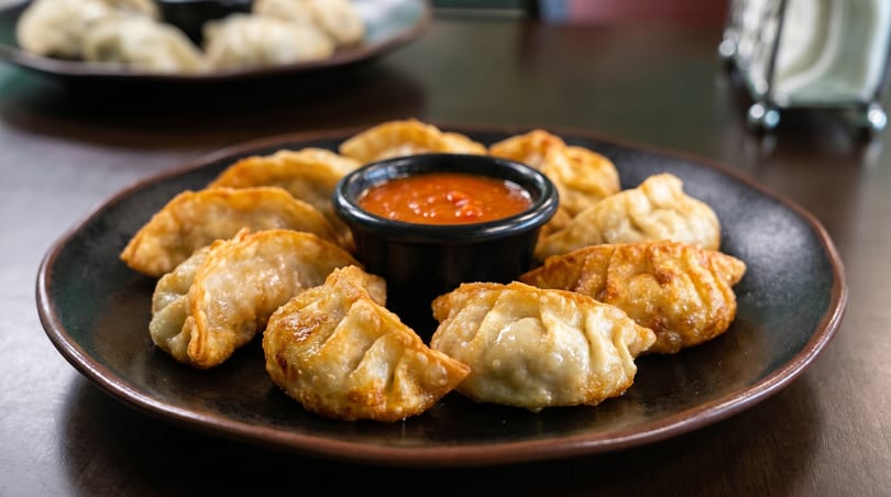 A plate of golden-brown fried dumplings, or momos, arranged around a small bowl of red chili sauce.