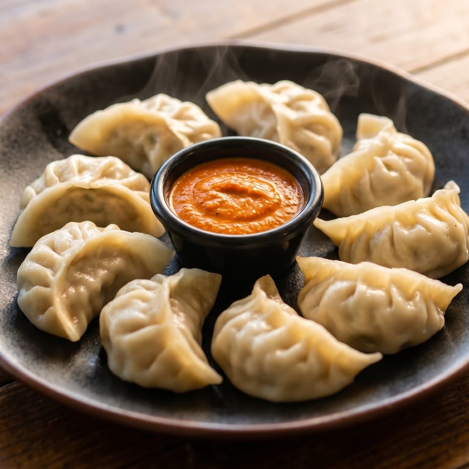 Steaming hot momos, a type of dumpling, arranged around a small bowl of orange dipping sauce.