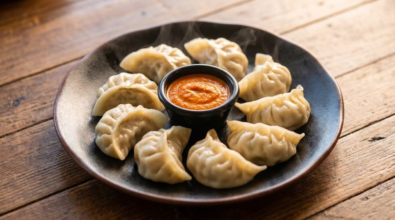 Steaming hot momos, a type of dumpling, arranged around a small bowl of orange dipping sauce.