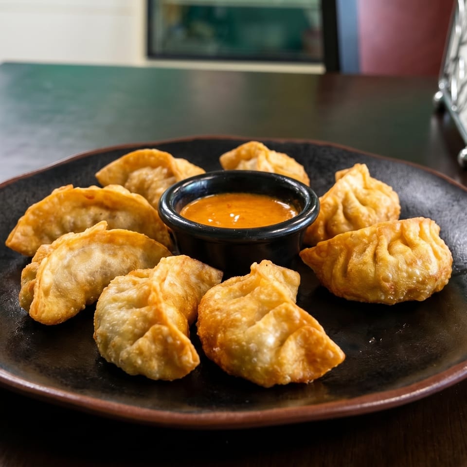 Golden-fried momos arranged around a small bowl of orange dipping sauce on a dark plate.