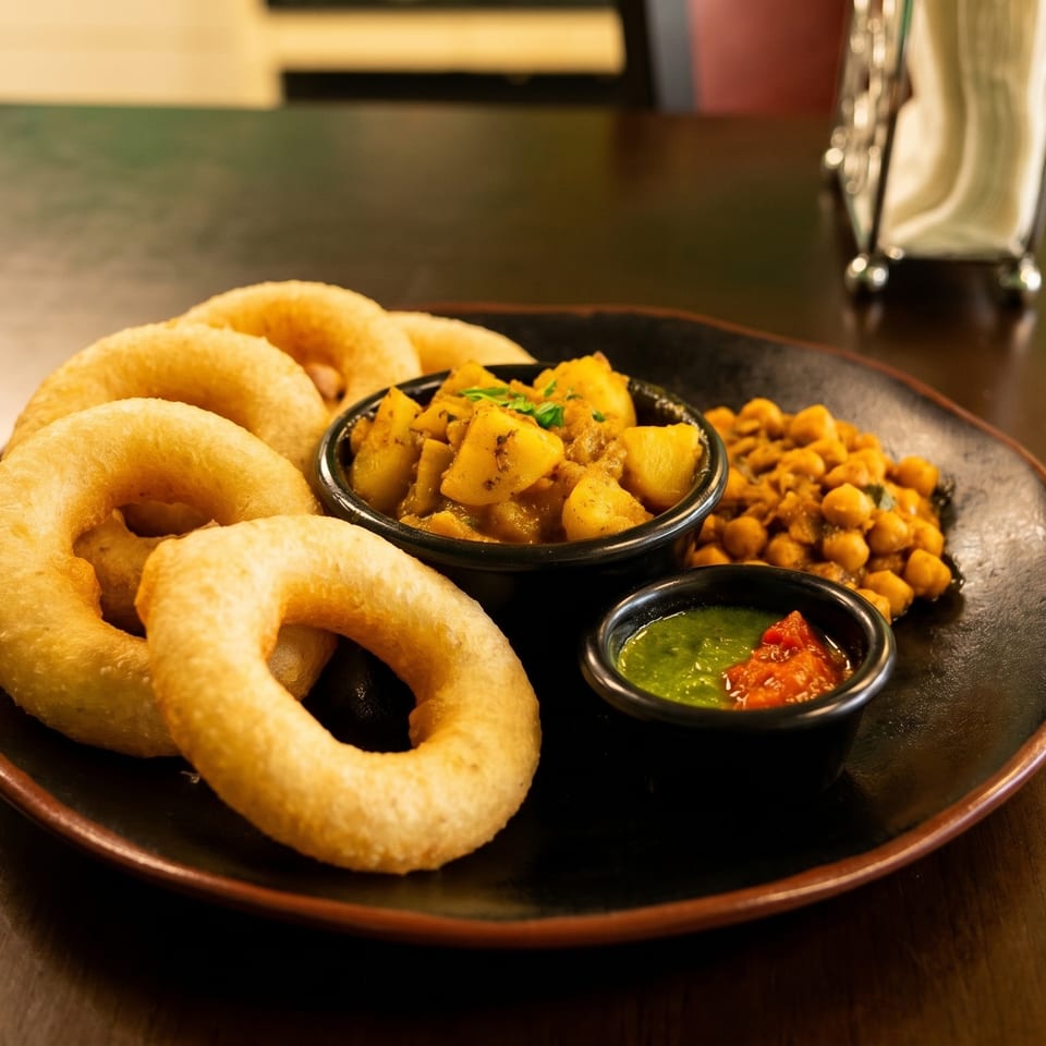 A black plate holds golden fried rings, potato curry, chickpeas, and two dipping sauces.
